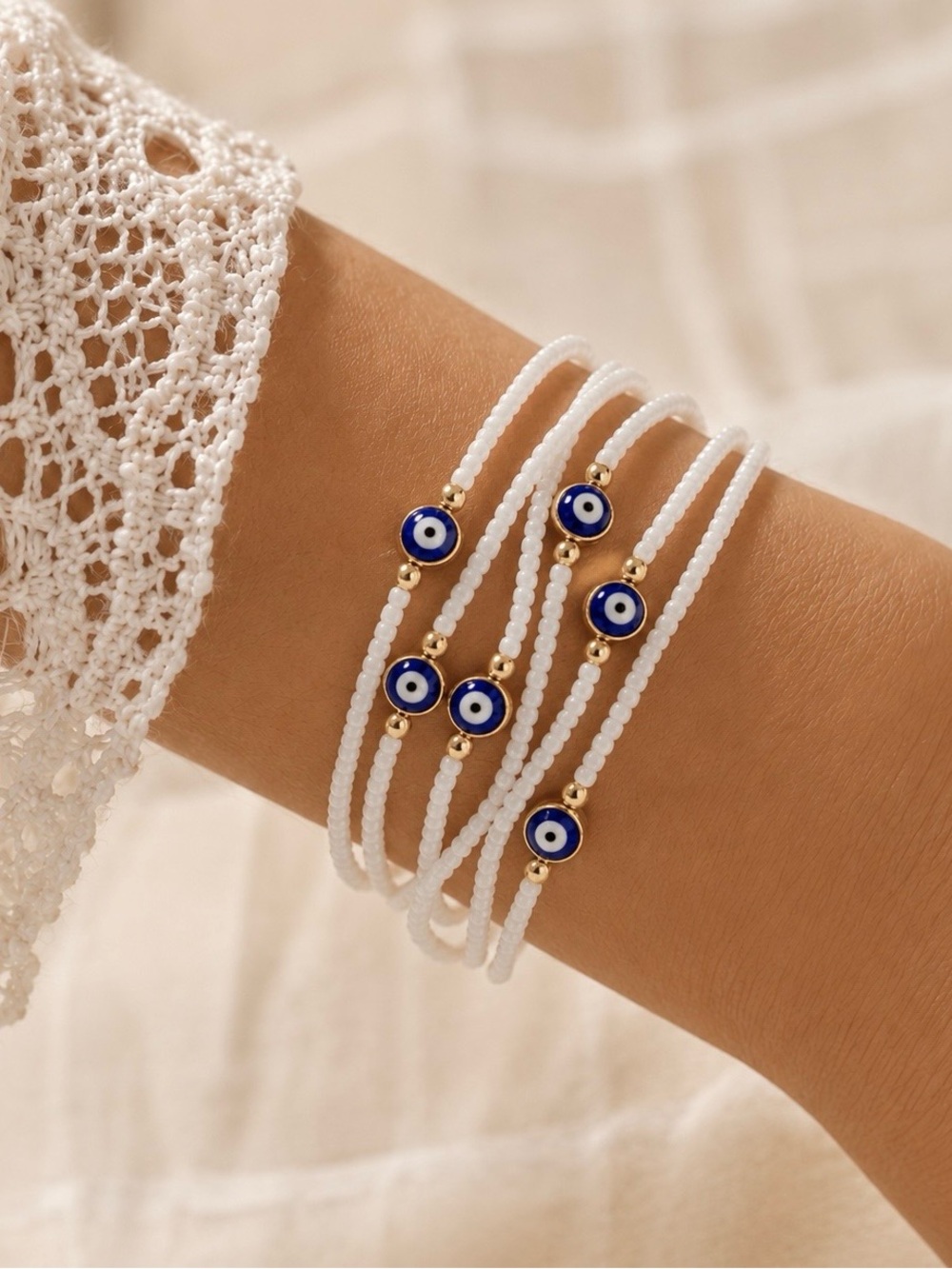 White Seed Bead Evil Eye Bracelet Set Gold Tone Boho Stackable 5 Piece